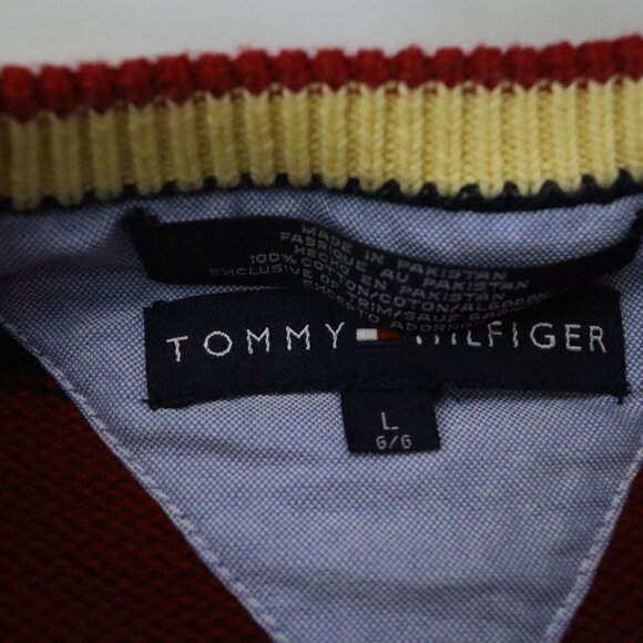 Vintage Tommy Hilfiger Striped Heavy Knit Crest Sweater Red‎ Yellow Blue Size L - Picture 3 of 6